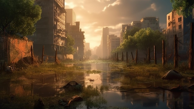 A postapocalyptic city gloomy overgrown buildings Generative AI