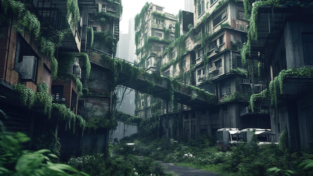 Photo a postapocalyptic city gloomy overgrown buildings generative ai