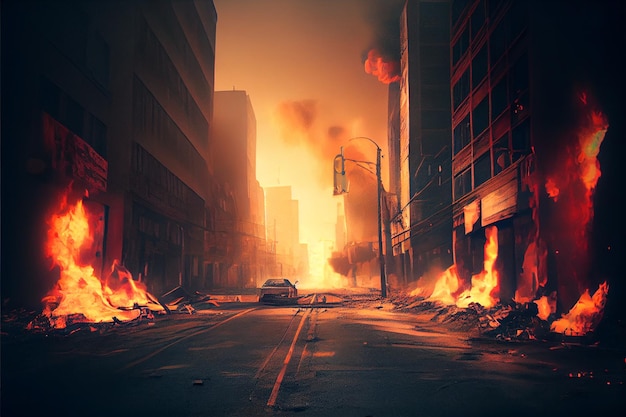 Photo the postapocalyptic city is on fire generative ai