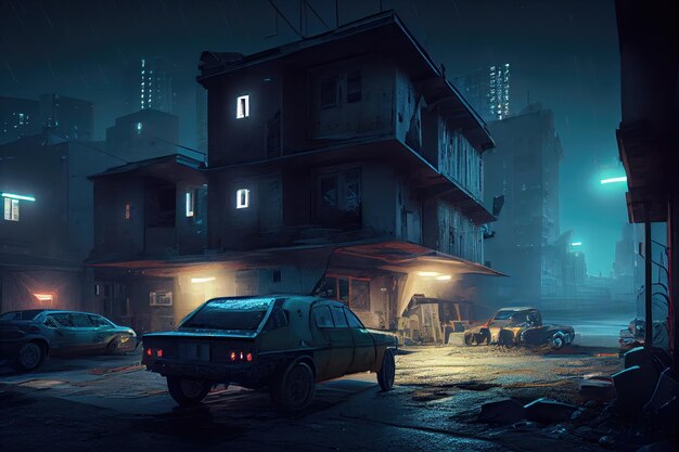 Postapocalyptic city at night with lights from the windows of buildings and cars shining