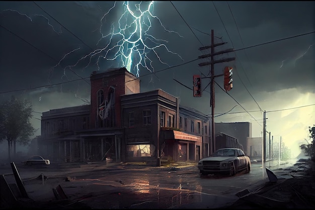 Postapocalyptic city ravaged by storm with tornadoes touching the ground and lightning striking crea