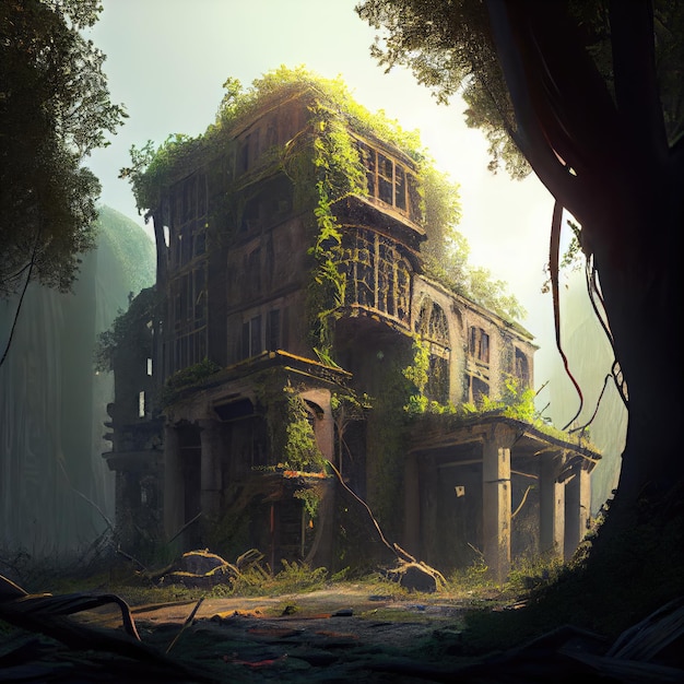 Postapocalyptic city ruins with overgrown trees and abandoned architecture