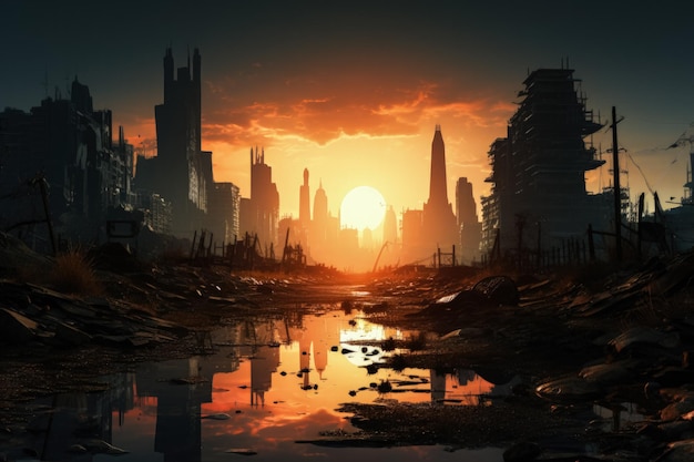 Photo postapocalyptic city skyline ruins isolated on a gradient dawn background