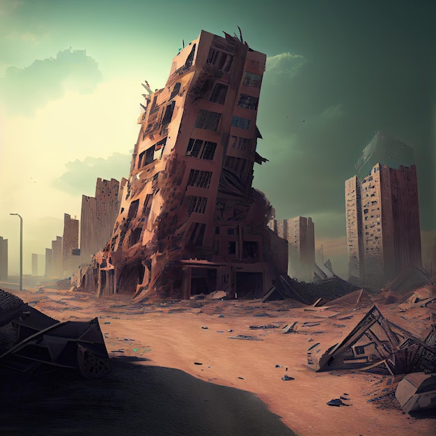 Postapocalyptic city with destroyed highrise buildings