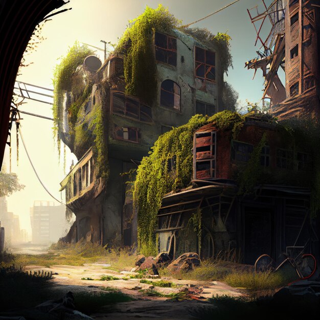 Postapocalyptic city with overgrown vegetation and rusty metal structures