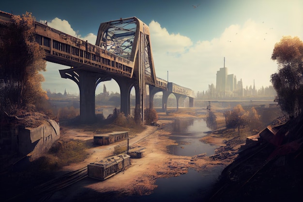 Postapocalyptic city with view of broken bridge and nearby river visible in the background