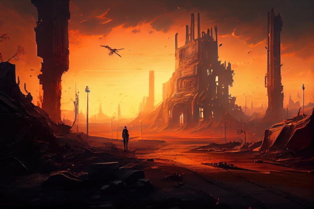 Postapocalyptic city with view of the sky and burning ruins in the background