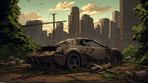 アニメスタイルで壊れた車にバットを打つポスタポカリプス都市風景