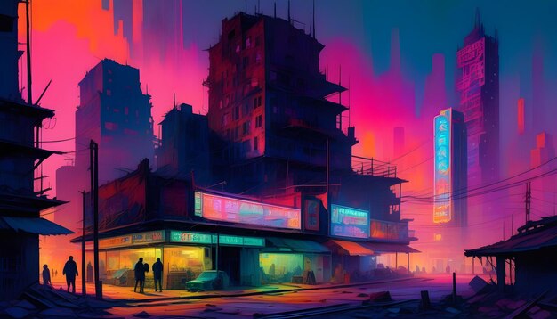 A postapocalyptic cityscape with a decaying amusement park illuminated by neon lights