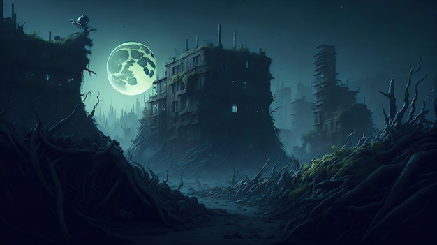 A postapocalyptic cityscape with a desolate landscape