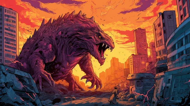 A postapocalyptic cityscape with a giant mutated monster attacking the remains of the city Fantasy concept Illustration painting Generative AI