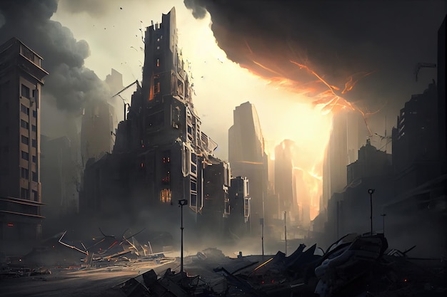 Postapocalyptic cityscape with smoke rising from fires and rubble and dark skies above