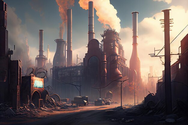 Postapocalyptic cityscape with smokestacks and steam rising from the factories