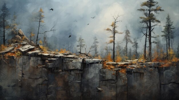 Postapocalyptic Cliff A Dark And Rustic Avianthemed Painting