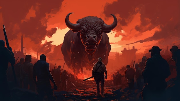 Photo postapocalyptic country band cd cover with angry bull and herders