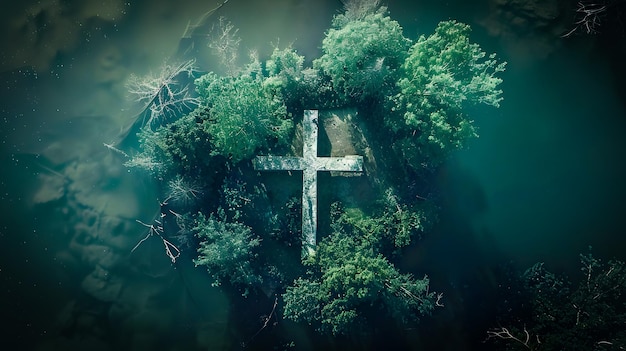 Foto la croce post-apocalittica che galleggia su un lago