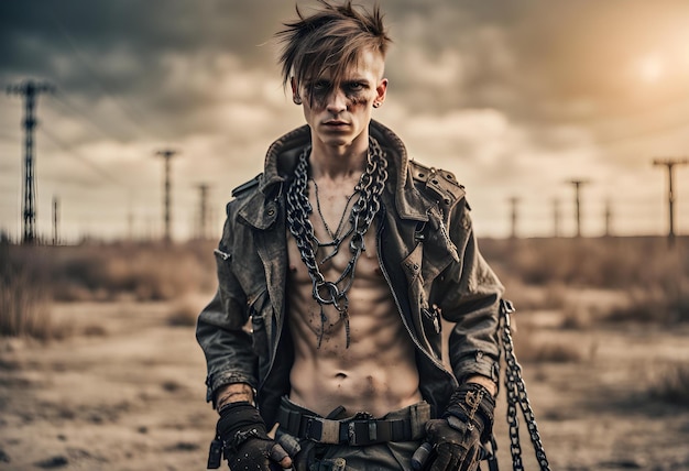 Photo postapocalyptic cyberpunk boy outdoors nuclear