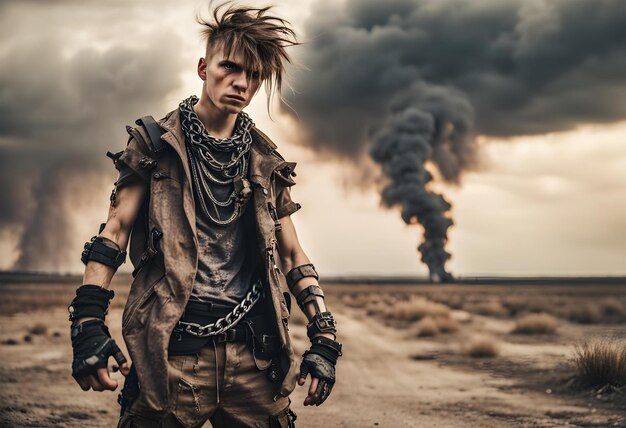 Postapocalyptic cyberpunk boy outdoors Nuclear