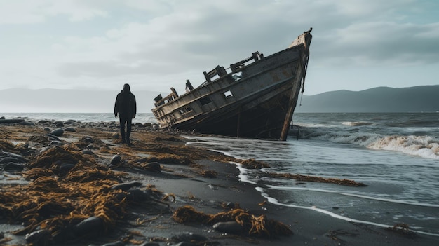 Foto emozioni post-apocalittiche un uomo e una vecchia barca su una spiaggia desolata