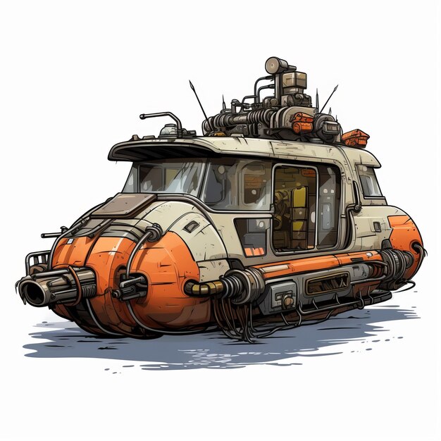 Photo postapocalyptic hovercraft illustration with dark white and orange tank art