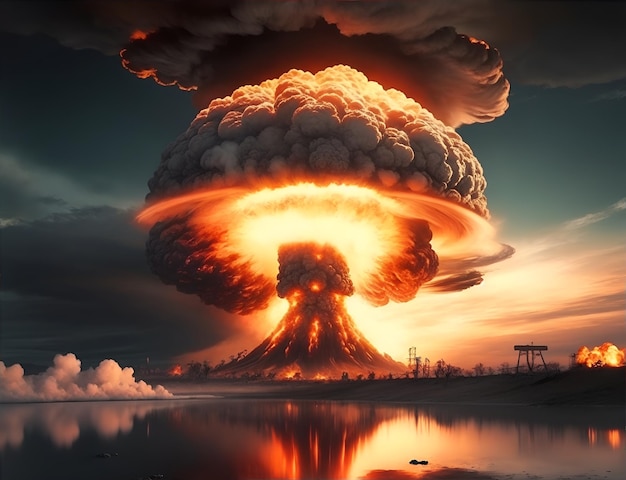 포스타포칼립스 풍경 핵과 중성자 폭탄의 폭발 핵 버섯 생성 AI