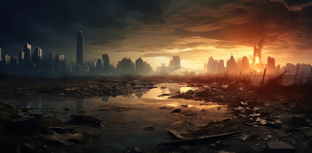 Postapocalyptic landscape with city destroyed by natural disasters and wars Generative AI