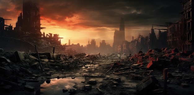 Postapocalyptic landscape with city destroyed by natural disasters and wars Generative AI