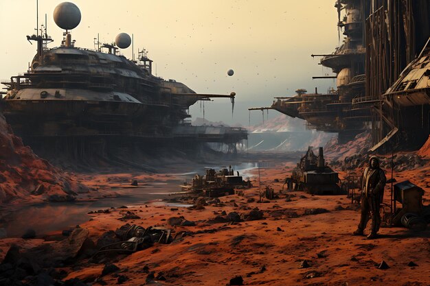 A postapocalyptic landscape with remnants of advanced technology Created with AI