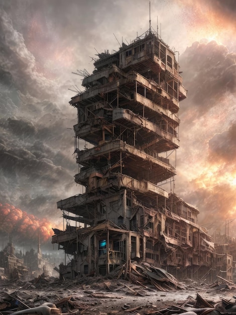 Foto un paesaggio post-apocalittico con un edificio in rovina
