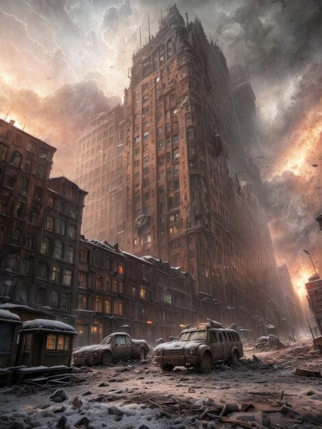 Foto un paesaggio post-apocalittico con un edificio in rovina