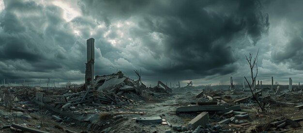 Постапокалиптический пейзаж с бурным небом над руинами