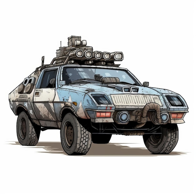 Photo postapocalyptic police car illustration in light beige and azure