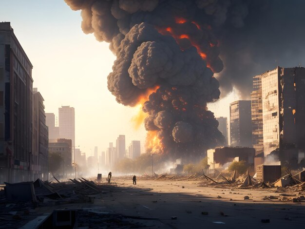 A postapocalyptic ruined city Destroyed buildings burntout vehicles and ruined roads