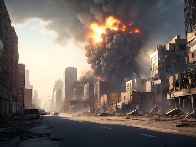 Постапокалиптический разрушенный город, разрушенные здания, сожженные транспортные средства и разрушенные дороги.