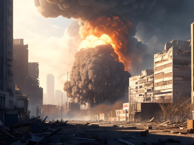 A postapocalyptic ruined city Destroyed buildings burntout vehicles and ruined roads