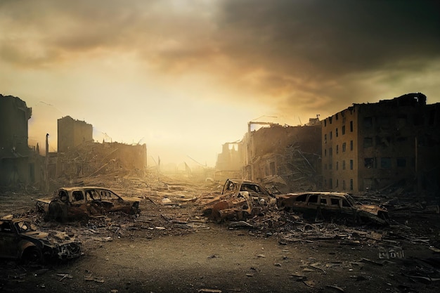 A postapocalyptic ruined city. destroyed buildings burntout\
vehicles and ruined roads.