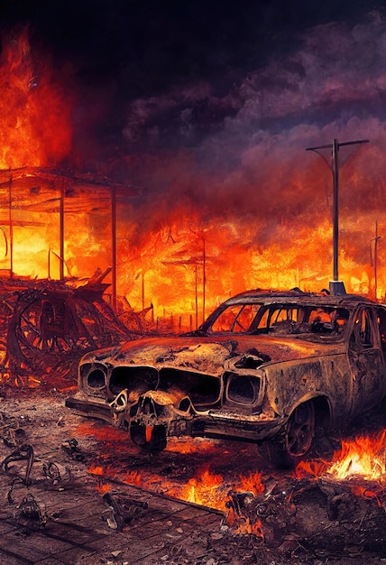 A postapocalyptic ruined city. destroyed buildings burntout\
vehicles and ruined roads