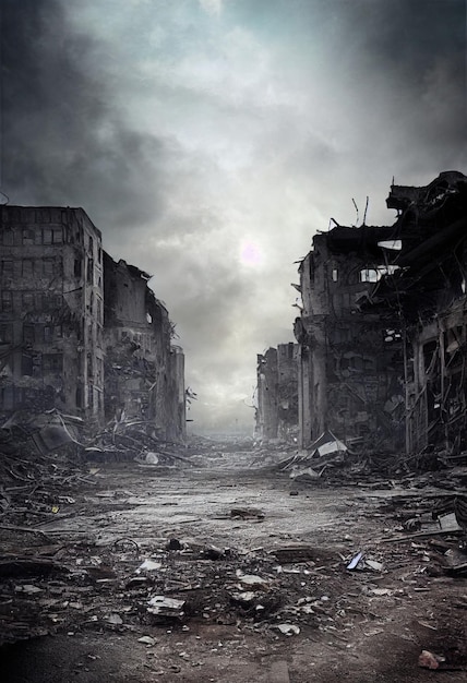 Photo a postapocalyptic ruined city. destroyed buildings burntout vehicles and ruined roads