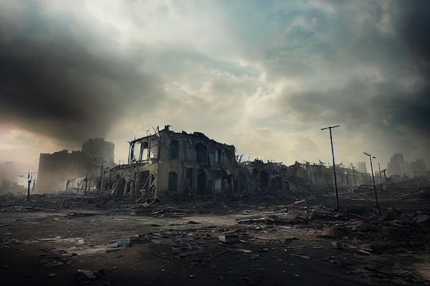 A postapocalyptic ruined city destroyed buildings burntout\
vehicles and ruined roads