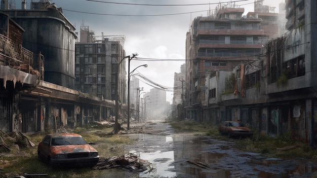 Postapocalyptic ruined city Destroyed buildings burntout vehicles and ruined roads