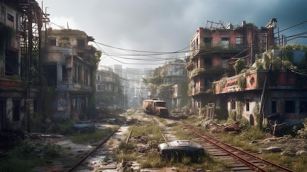 Postapocalyptic ruined city Destroyed buildings burntout vehicles and ruined roads