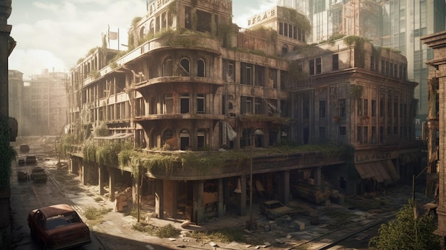 Postapocalyptic ruined city Destroyed buildings burntout vehicles and ruined roads