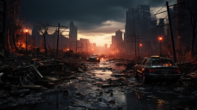 A postapocalyptic ruined city Destroyed buildings burntout vehicles and ruined roads