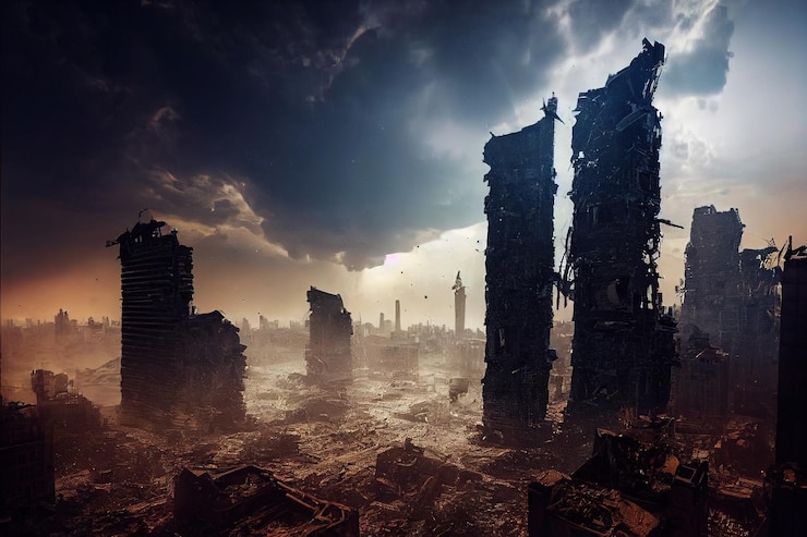 Photo a postapocalyptic ruined city destroyed buildings destroyed roads blown up skyscrapers the concept of the apocalypse
