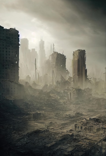 A postapocalyptic ruined city Destroyed buildings destroyed roads blown up skyscrapers