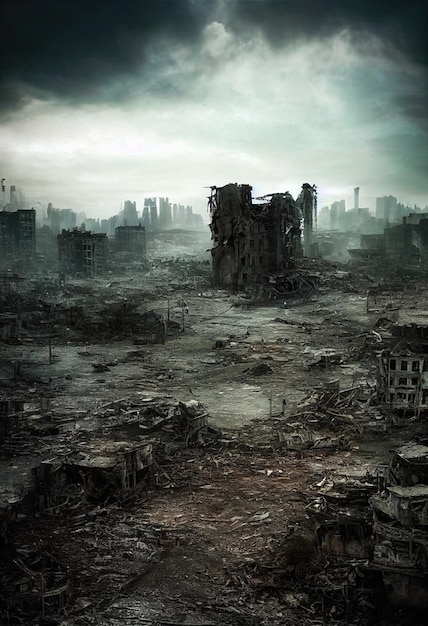 A postapocalyptic ruined city Destroyed buildings destroyed roads blown up skyscrapers