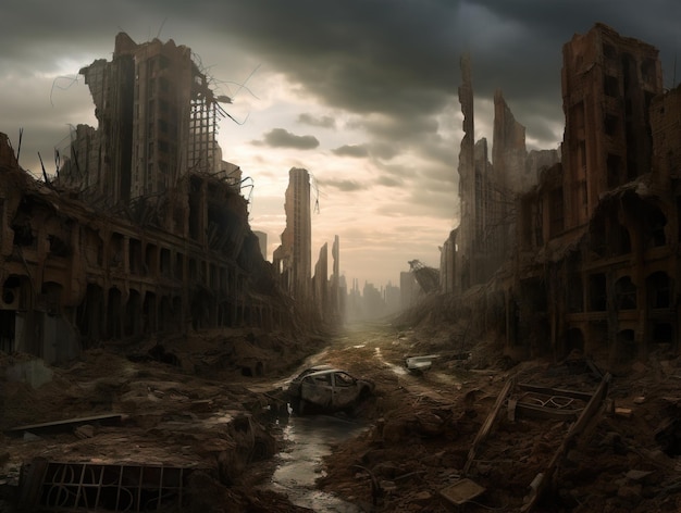 A postapocalyptic ruined city Destroyed buildings destroyed roads blown up skyscrapers