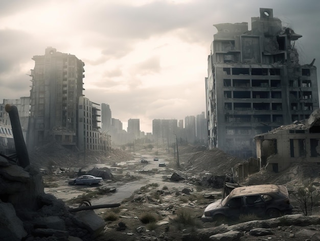 Postapocalyptic ruined deserted city Destroyed buildings destroyed roads blown up skyscrapers