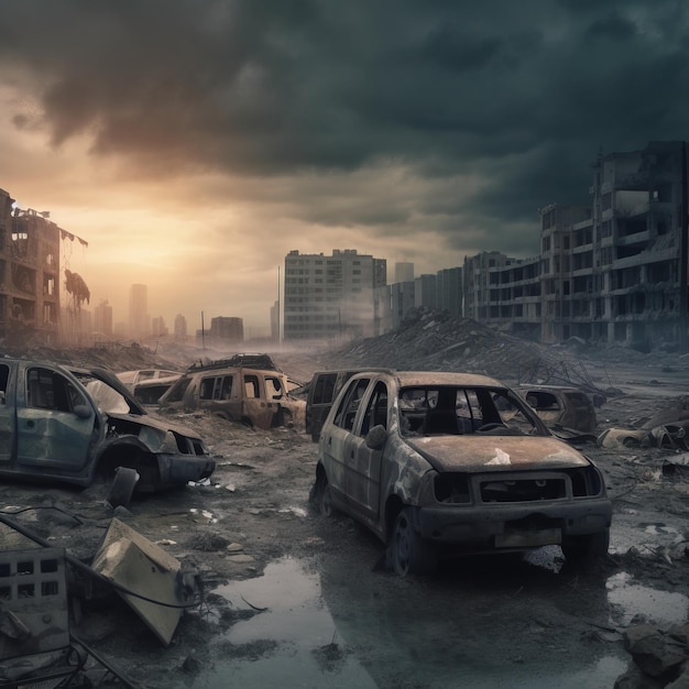 Постапокалиптический разрушенный заброшенный город Разрушенные здания разрушенные дороги взорванные небоскребы