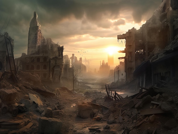 Postapocalyptic ruined deserted city Destroyed buildings destroyed roads blown up skyscrapers